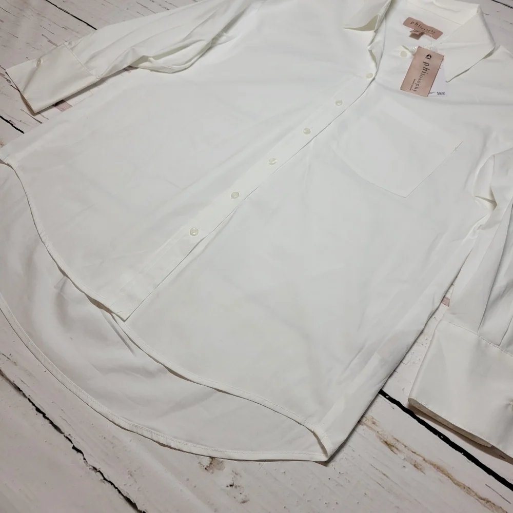 Philosophy White Oversized Button-Down Shirt Hi-Lo Hem Boxy Fit Classic Size XS - Picture 5 of 11